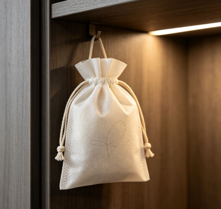Minimalist Off-White Drawstring Fabric Sachet - Image 2