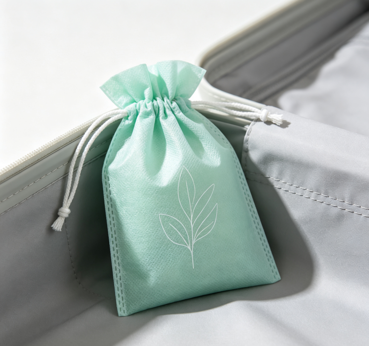 Mint Green Leaf-Print Drawstring Sachet – Deodorizing Bag for Suitcases and Drawers - Image 2