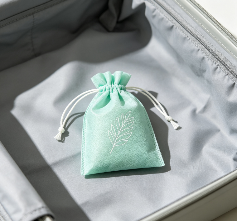 Mint Green Leaf-Print Drawstring Sachet – Deodorizing Bag for Suitcases and Drawers