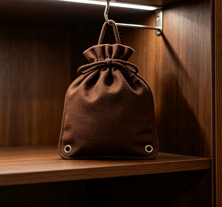 Dark Brown Canvas Drawstring Sachet – Hanging Aromatherapy Bag for Wardrobe Deodorization