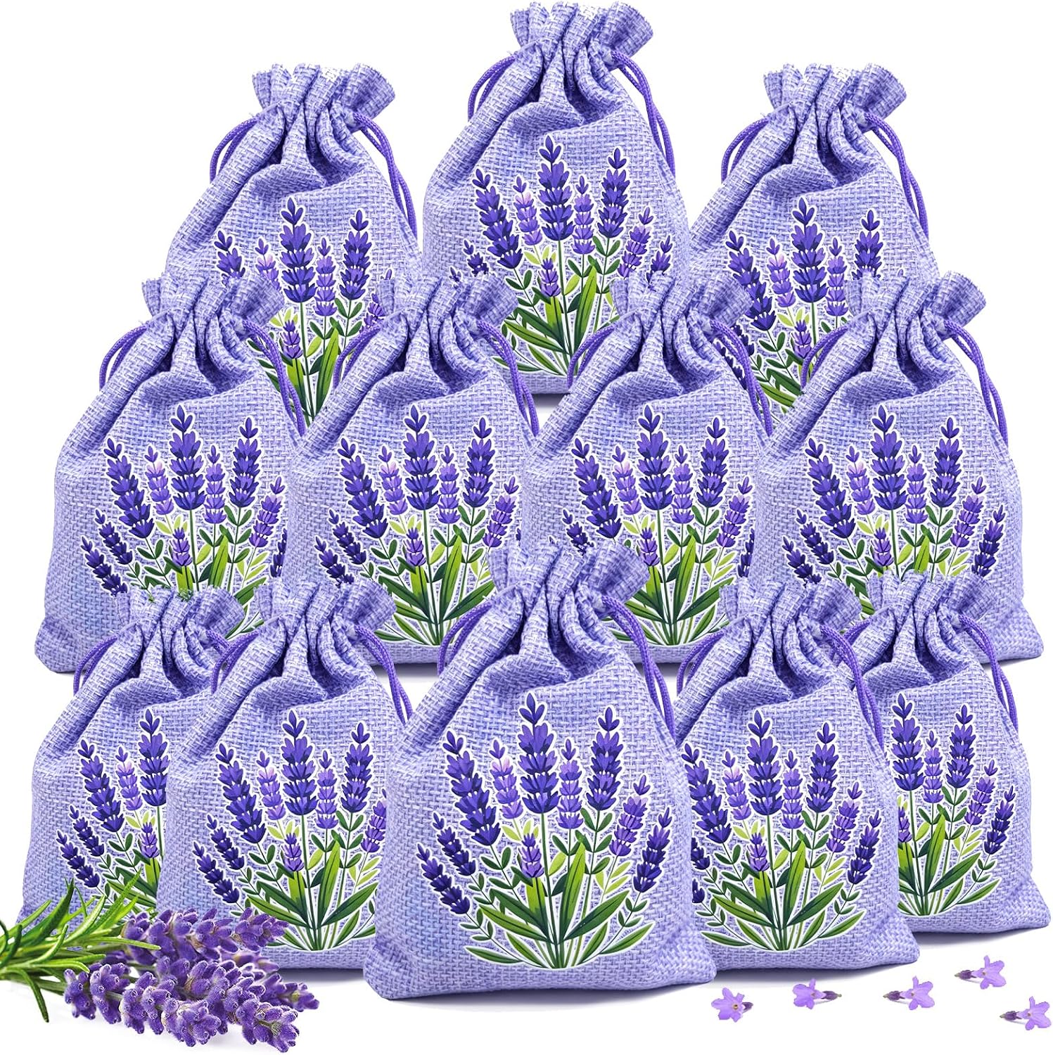 Light Purple Linen-Look Printed Drawstring Sachet – Lavender Pattern Deodorizing Bag